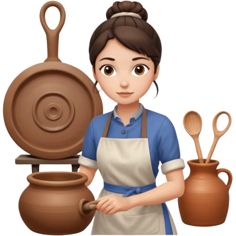 Brunette girl with bun, behind pottery wheel emoji
