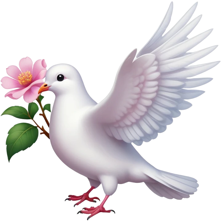 Angelic white dove. It has a pink flower in its beak. Inspired by Renaissance art emoji