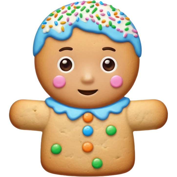 {
    "type": "object",
    "look": "frosted cookie man, colorful sprinkles, glossy icing top, front view",
    "description": "a sweet cookie man covered with frosting and rainbow sprinkles"
  } emoji