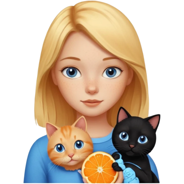 Cute blonde girl with freckles and blue eyes holding an orange cat and a black cat emoji