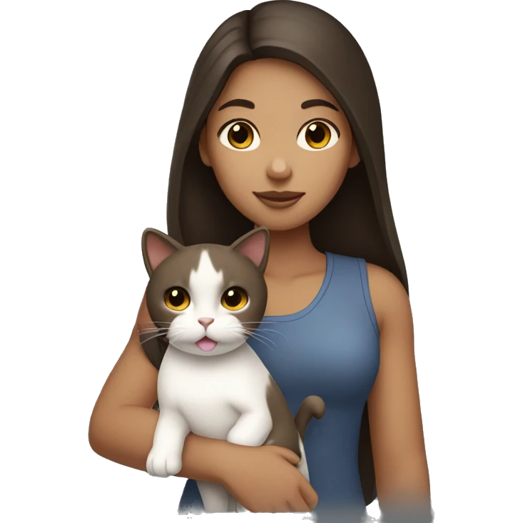 Tan girl with dark brown hair holding a white cat emoji