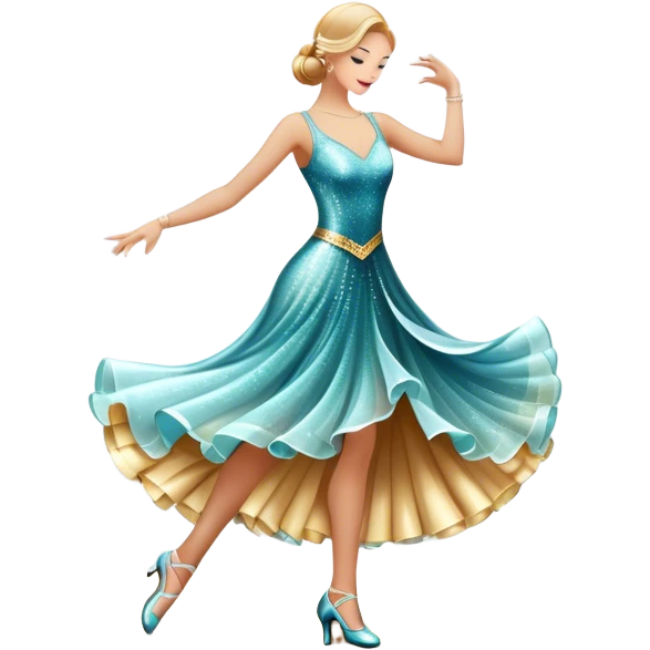 Humanless Icon for Ballroom Dance: elegant ballroom dance shoes, a sparkling dress, and a dance floor with a spotlight. The icon should capture the grace and elegance of ballroom dancing, with emphasis on movement and rhythm. Transparent background. emoji