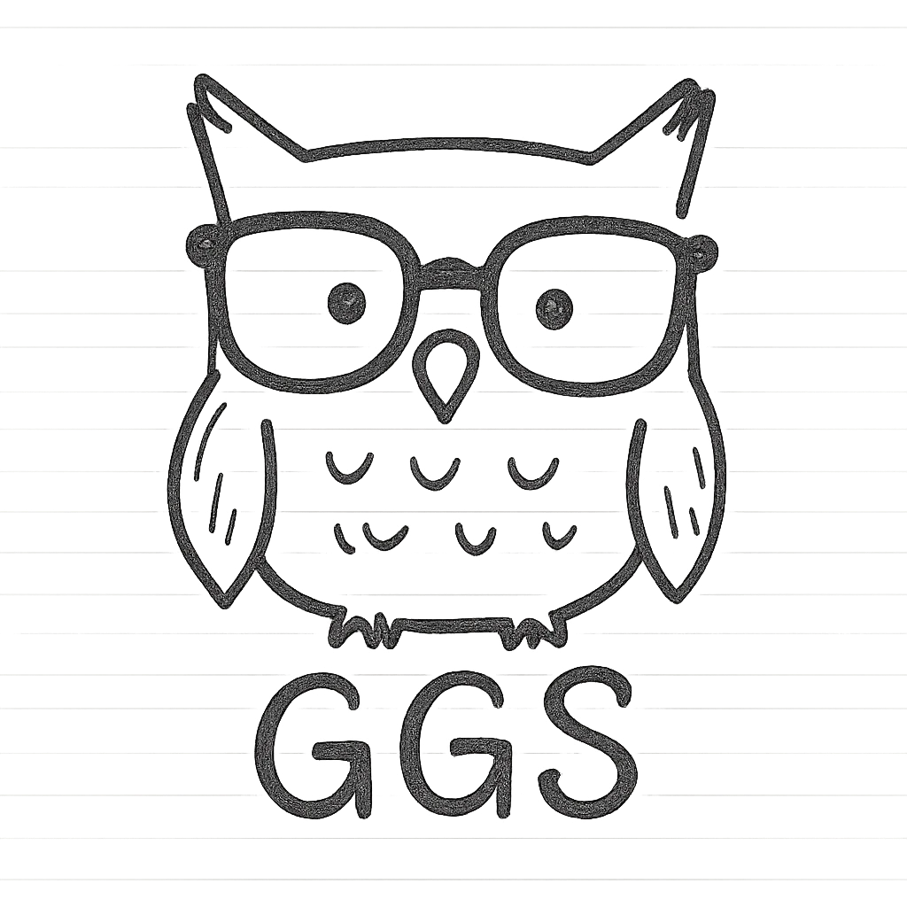 owl wearing glasses with GGS wording, hand drawn outline icon style emoji