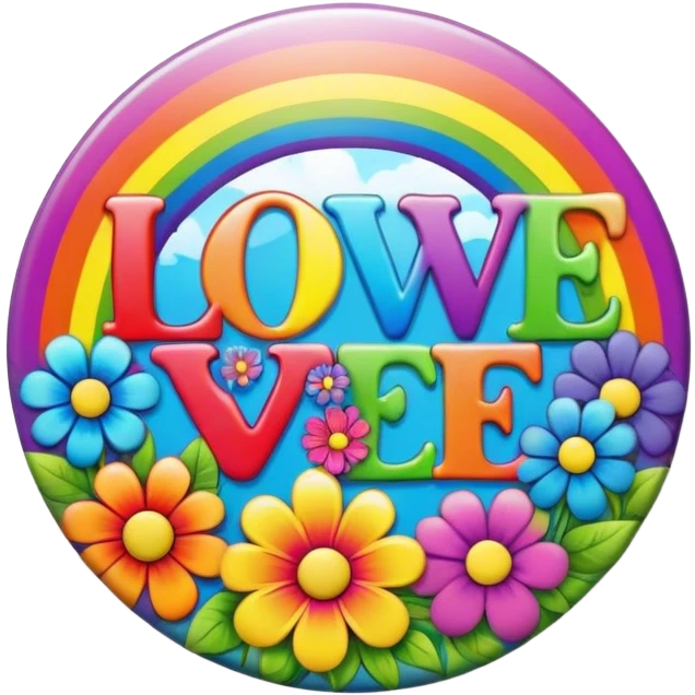 A round psychedelic colored button that says love, peace, and joy with rainbow colored hippie style flowers emoji