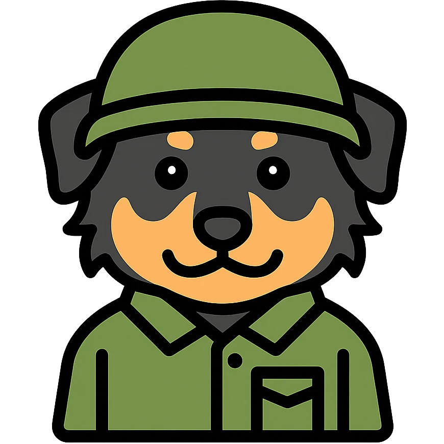 black-tri Mini American Shepherd in a camo green soldier uniform and green helmet emoji