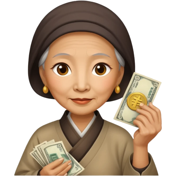old chinese woman with Compassion - sympathetic concern for the sufferings of others, offering money emoji