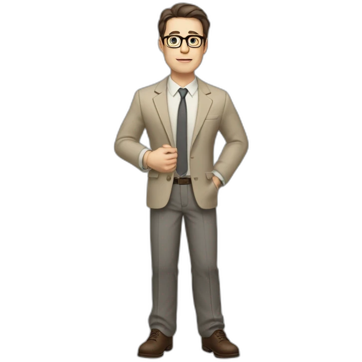 Full height Gesticulating Pale skinned fit man with dark brown hair in gray jacket, beige office shirt, brown tie, brown pants and vintage glasses. emoji