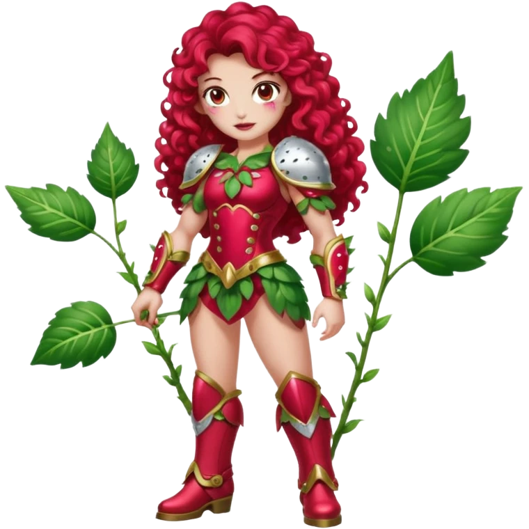 full body woman long curly brown hair brown eyes white skin tattoos muscular build dressed as strawberry spirit, glossy berry armor, leaf boots, confident pose emoji