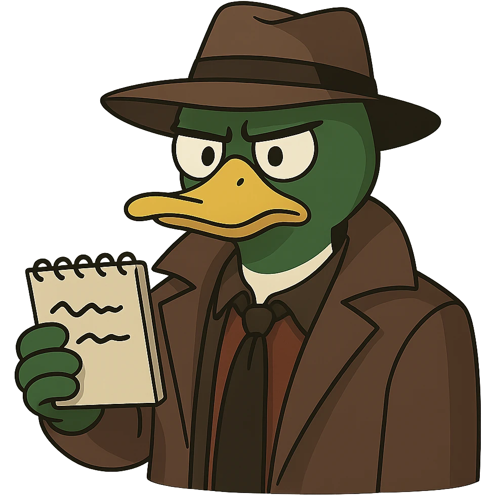 Transform the duck detective into a mallard with a distinctive green head and brown chest, maintaining the cartoon detective style, with no background. emoji