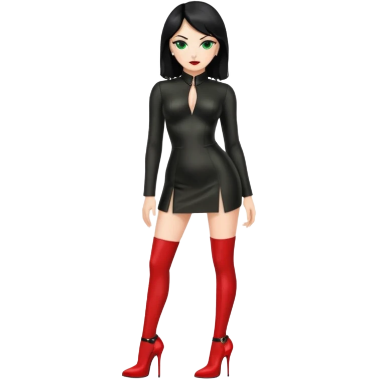 🕵🏻‍♀️💦🧥 black hair , green eyes , full body , red high heels , dominatrix dress , emoji
