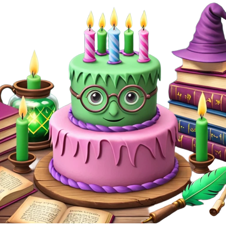 Harry Potter themed pink birthday cake with green 'Happy Birthday Harry' icing, surrounded by wizard books, candles, potion bottles, feathers, and glasses on wooden table, magical atmosphere." emoji