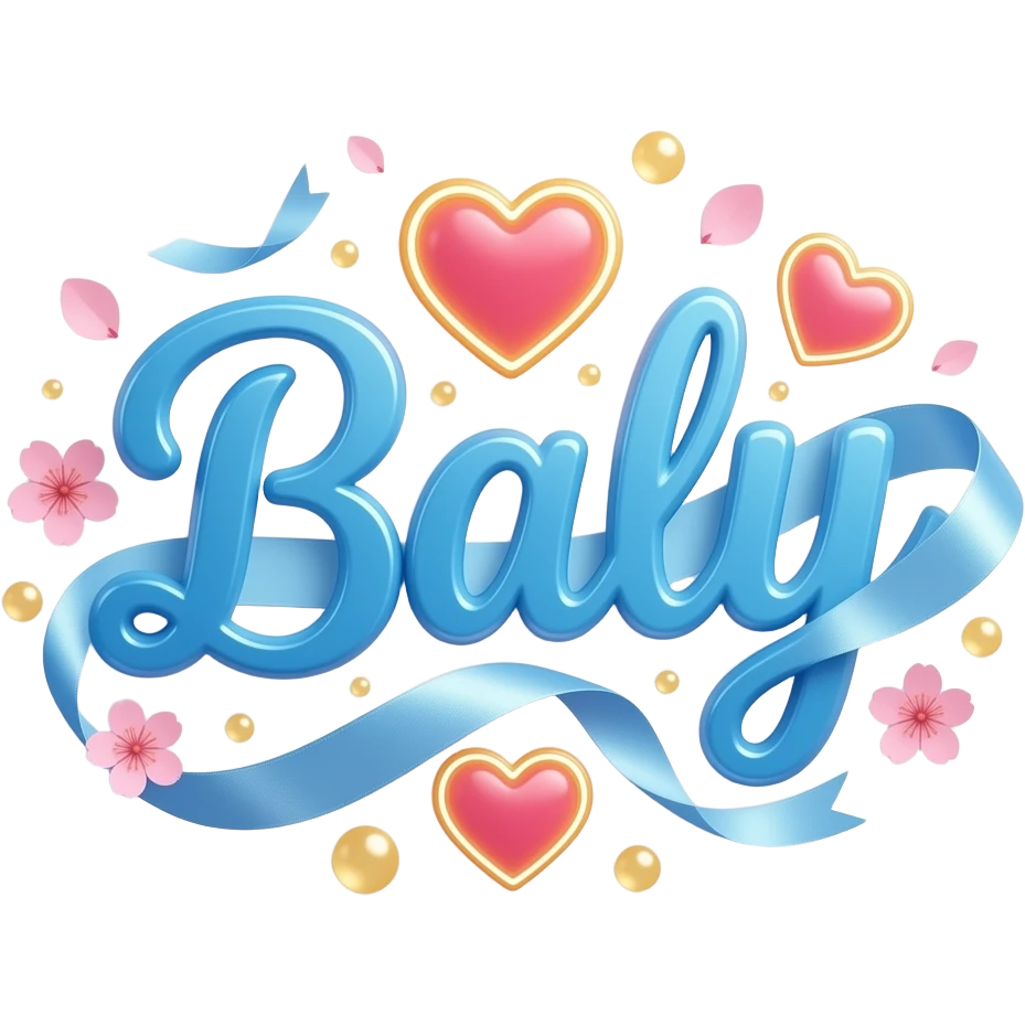 A sleek, sky blue text 'Baly' decorative symbols, adorned with satin ribbons and glowing neon-colorful hearts. Surrounded by floating cherry blossom petals and golden bokeh. Vibrant, modern, and feminine with a cinematic glow emoji