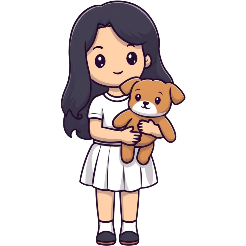 beautiful girl with long straight black hair wearing a white skirt holding a small brown curly teddy dog emoji