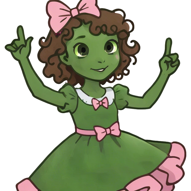 brown girl with long brown curly hair and bows in her hair waving wearing pink  emoji
