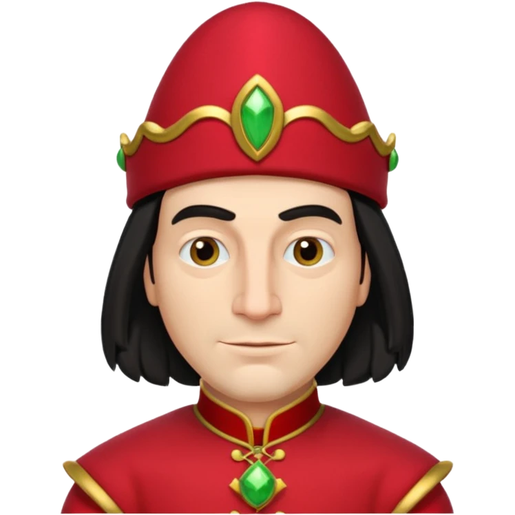 lord farquad avec un chapeau rouge plat sur le dessus, il a un vetement rouge avec des manches bouffantes rouge et dorée emoji