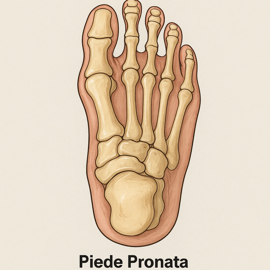 Anatomical illustration of a pronated foot, detailed bones and soft tissue, medical style, neutral background, dorsal view, inspired by the reference image. emoji