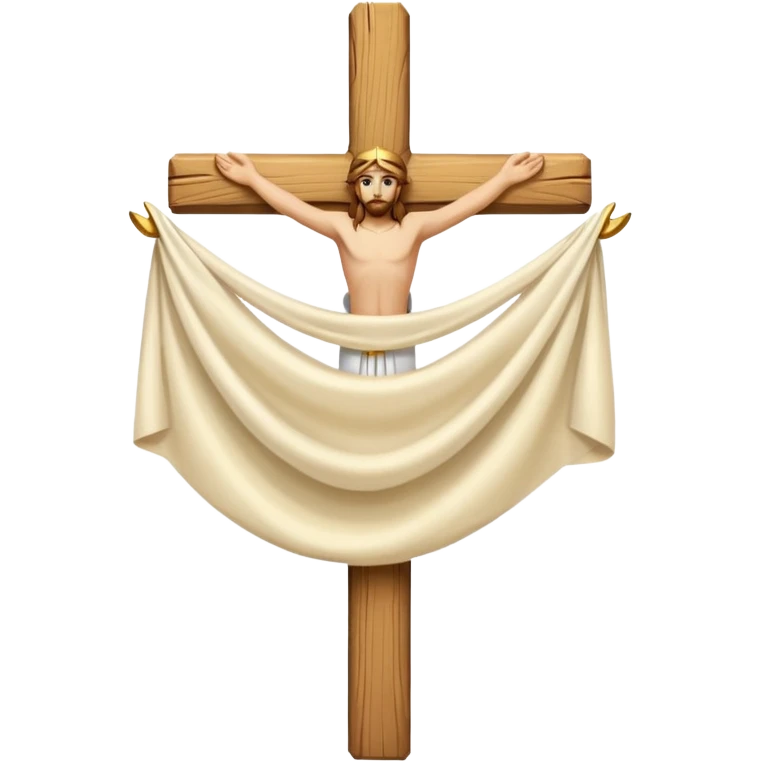 Cross made of wood, the top of the tip of the cross, a golden cross, and a white cloth hanging over the two arms of the cross emoji