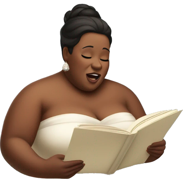 beautiful fat soprano in a simple strapless dress reading a music sheet and singing opera emoji