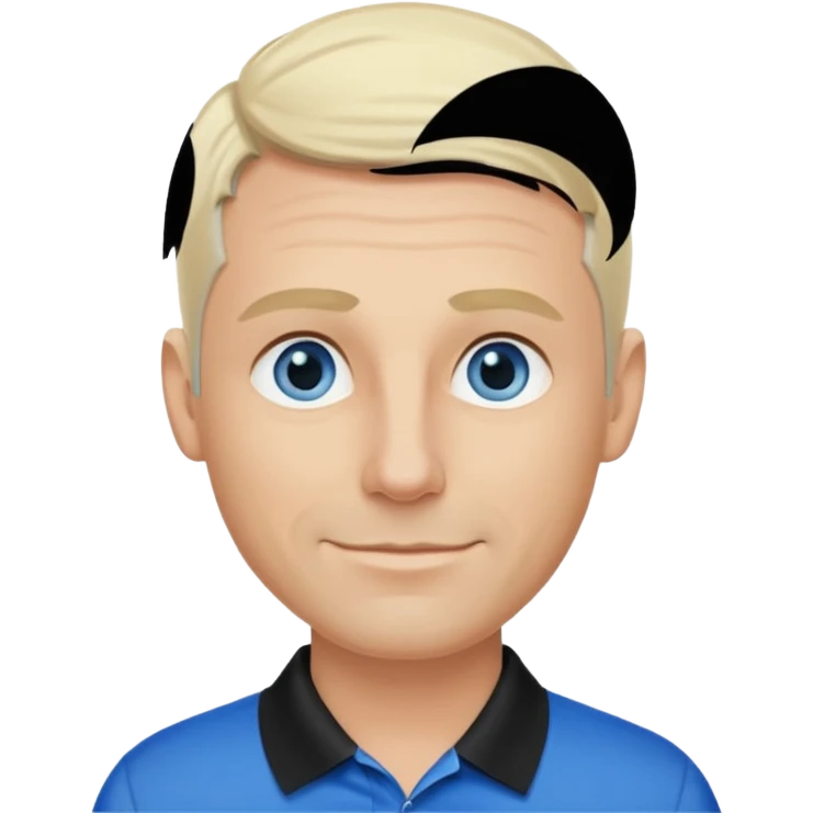 Avatar pic male 35 years old gray hair blue eyes clean shaven blonde eyebrows high cheekbones sly smile long eyelashes wearing a black golf shirt emoji