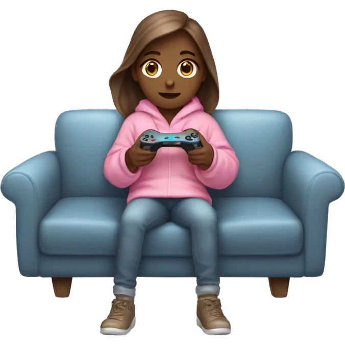 White girl with brown hair wrapped up in a blanket sitting on a couch with a pink gaming controller in her hands emoji