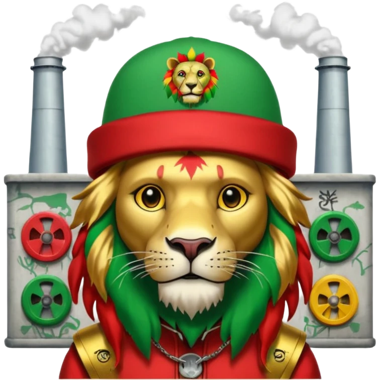 Create a power station with a rasta cap on with red gold green grafite of a lion and skulls with Fred the fossibot written on it emoji