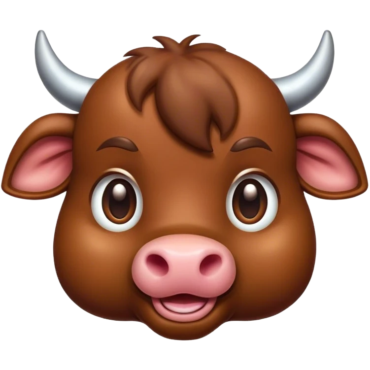 Cinematic Cute Brown Bull Portrait Emoji, Head tilted playfully and inquisitively, featuring a glossy, robust brown hide with a natural sheen, round, sparkling dark eyes filled with gentle curiosity, Simplified yet irresistibly adorable features, highly detailed, glowing with a warm, friendly glow, high shine, affectionate and imposing, stylized with a touch of rugged charm, bright and endearing, soft glowing outline, capturing the essence of a mischievous yet loving bull, so playful it feels like it could stomp out of the screen and into your arms! emoji