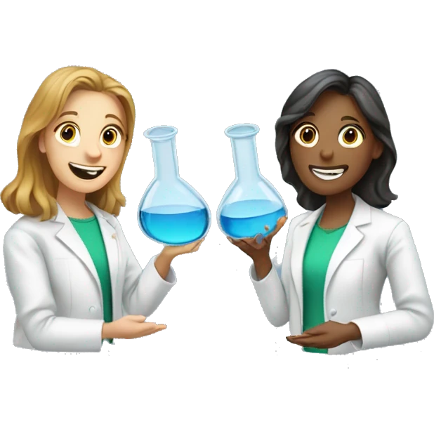  two scientists girls holding one clear glass chemistry emoji