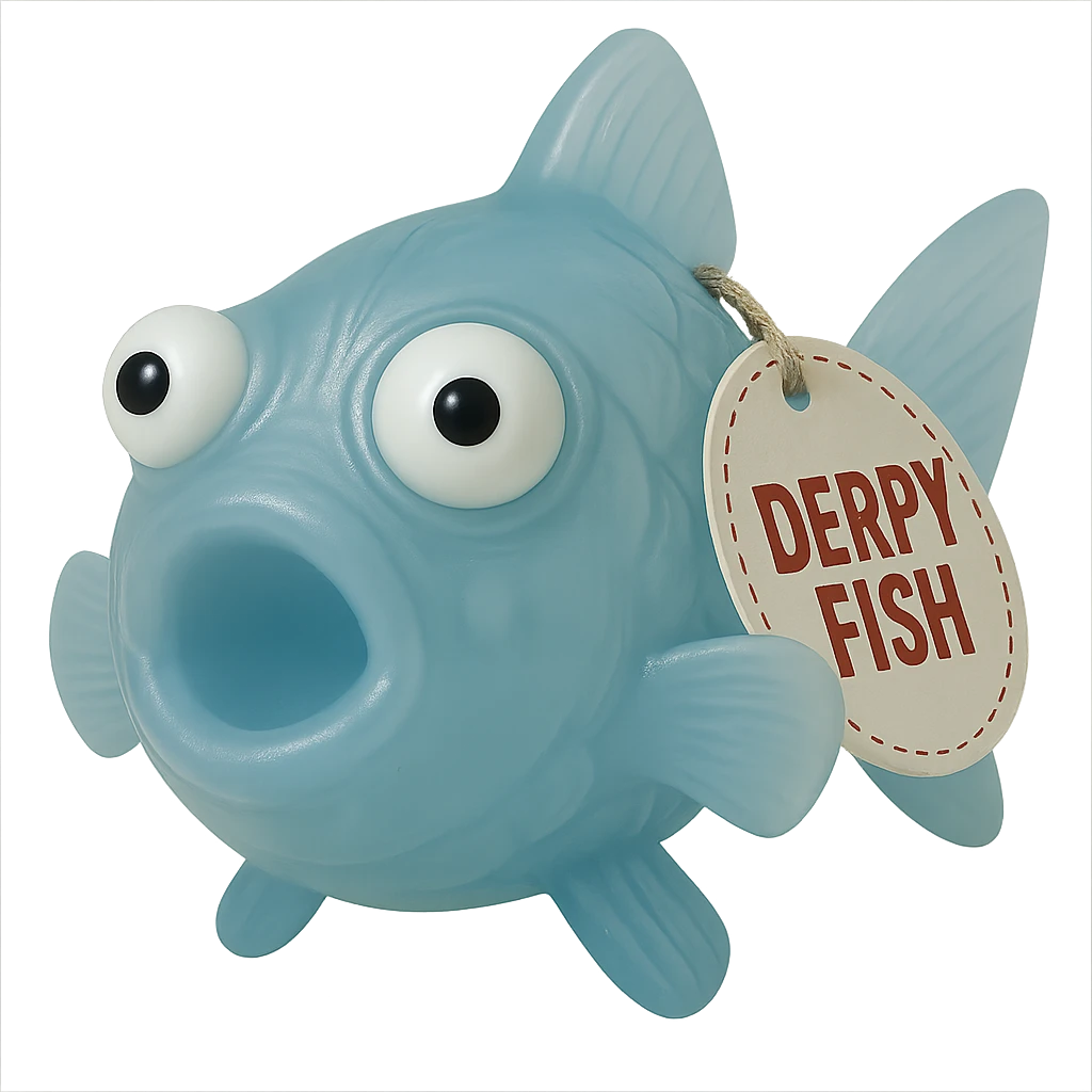 Edit the image to change the retro toy tag on the fin to say 'Derpy Fish'. Make sure the fish is looking perfectly straight at the camera. Keep the see-through, semi-transparent blue plastic, eyes going in opposite directions, hyper-detailed, soft plastic 90's toy look. Remove the background. The style should reflect a see-through, semi-transparent blue plastic 90's toy with hyper-detailed soft plastic texture and derpy eyes. emoji