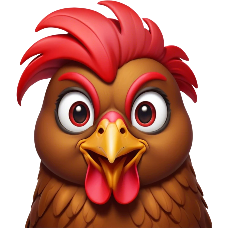 Cinematic Comical Brown Chicken Portrait Emoji, Head tilted dramatically with an exaggeratedly amused expression, featuring a striking, glossy brown plumage with a vibrant red comb, wide, expressive beady eyes filled with playful disbelief, Simplified yet hilariously expressive features, highly detailed, glowing with a slightly sassy glow, high shine, dramatic yet playful, stylized with an air of cheeky mischief, bright and endearing, soft glowing outline, capturing the essence of a spirited and over-the-top chicken, so meme-worthy it feels like it could cluck its way into internet fame instantly! emoji