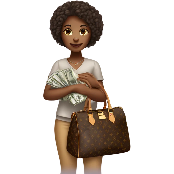 African american girl holding a Louis Vuitton bag with money emoji