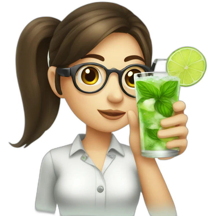 brunette girl + magnifying glass drinking mojito emoji