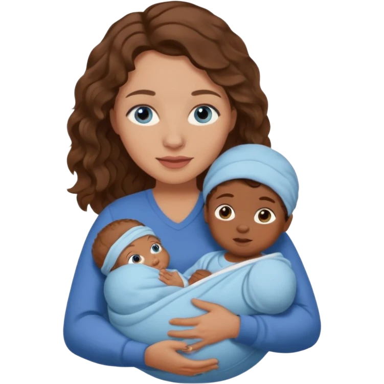 Mom with blue eyes and wavy hair carrying brown skinned newborn baby emoji