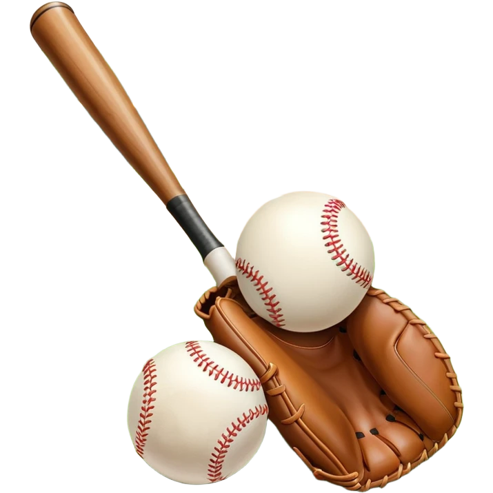 A baseball bat, ball, and glove placed on the grass of a baseball field, with the diamond and base lines clearly visible in the background. The scene captures the essence of the sport, with the equipment ready for action on the neatly marked field. emoji
