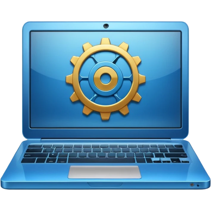 laptop with a play button and gear above emoji