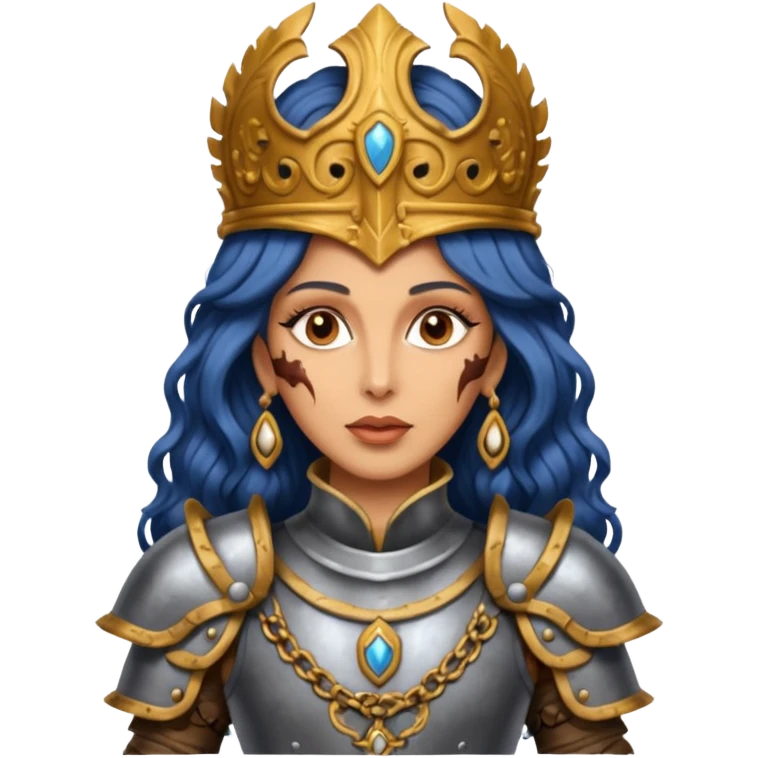 realistic cinematic actress Cher in baroque styling with dirty damaged armor in a forest emoji