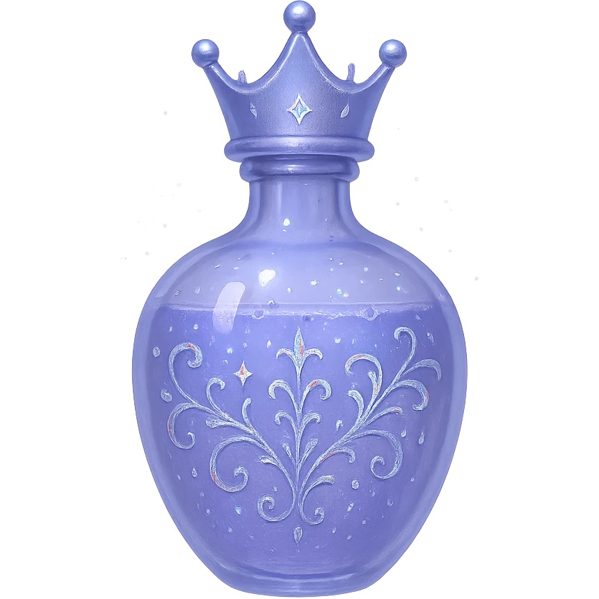 modern minimalist luxurious elixir bottle, small crown shape, color #7986cb, subtle clear silver or holographic ornaments, soft magical effects, very small neck, transparent background, seamless bottom, no shadow, floating, collection style emoji