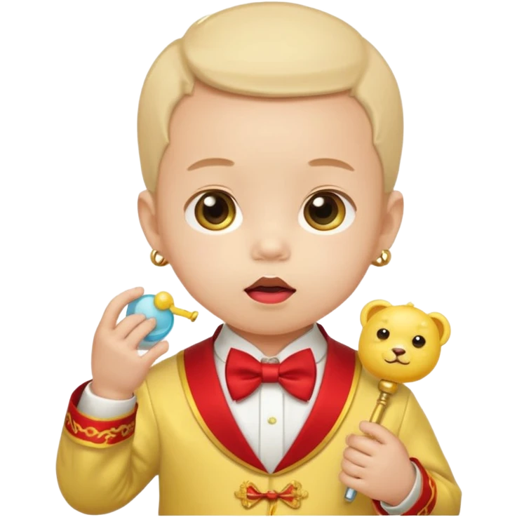 baby guy, pacifier, wearing yellow chinese royal ancient custome, red bow tie emoji