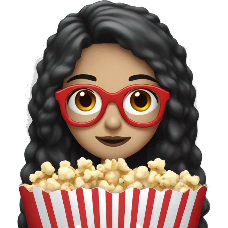 Pale girl with long black hair eating popcorn with red and blue glasses emoji