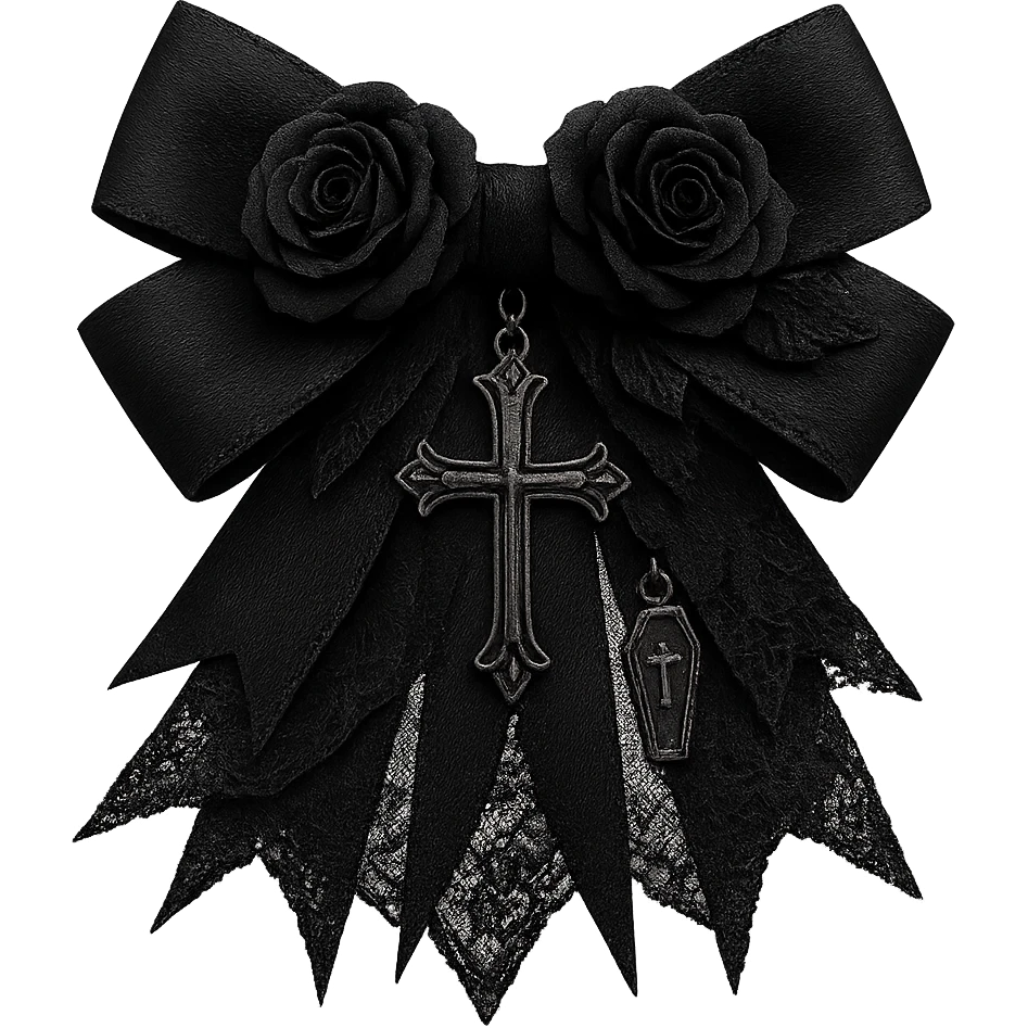 Edit the image to depict a black gothic bow with layered ribbons, a cross pendant, black rose accents, and a tiny coffin charm. The background should be removed. Maintain a gothic style with layered textures, floral accents, and symbolic charms for a dark, elegant appearance. emoji