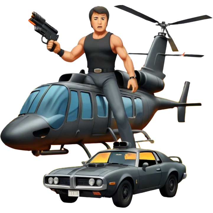 Icon for Action Movie: A vintage movie poster-style design featuring intense action scenes with explosions, weapons, and dramatic poses of Stallone. Include cars and helicopters flying out of flames in the background. Bold typography and retro cinematic style. Transparent background. emoji