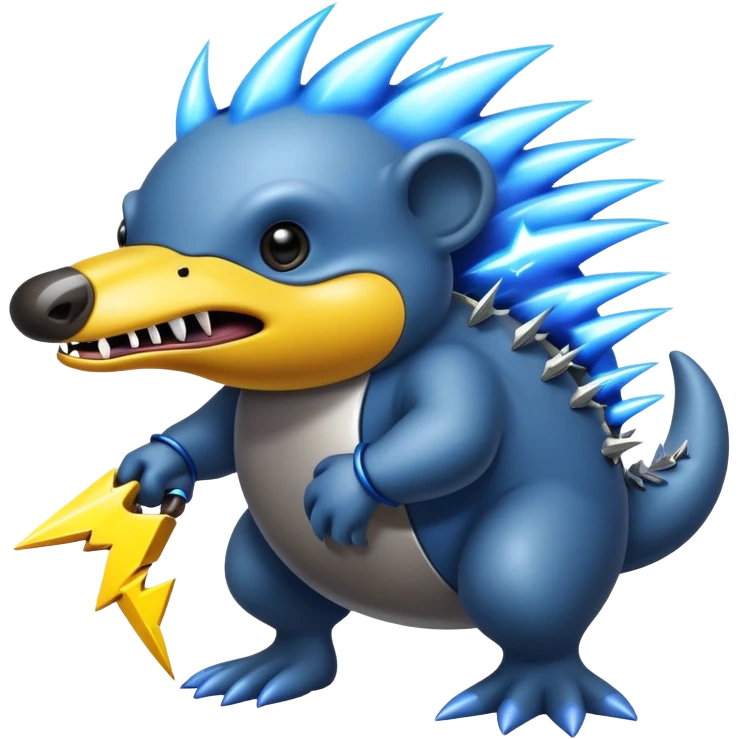 a fantastical dangerous and spooky electric platypus merged with a hedgehog with sharp teeth, metal electric spikes, and strong fangs, electricity and lightning coming, menacing look, yellow and blue ligning bolts emoji