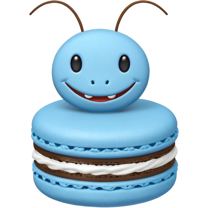A cartoon cricket on a blue macaron with white frosting to be an icon image emoji