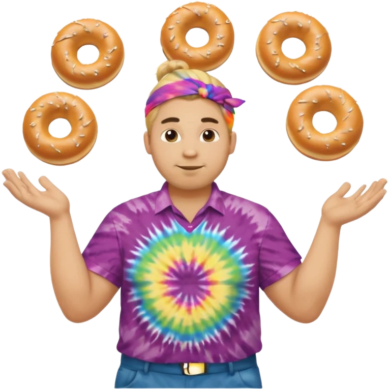 Large man w Blond manbun juggling plain bagels (no sprinkles) with tie die shirt emoji