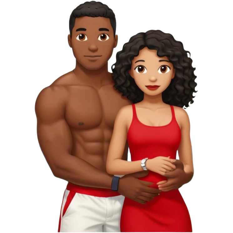 Lacoste red dress on light skin beautiful black women with beach waves being held by handsome muscular black man no shirt emoji