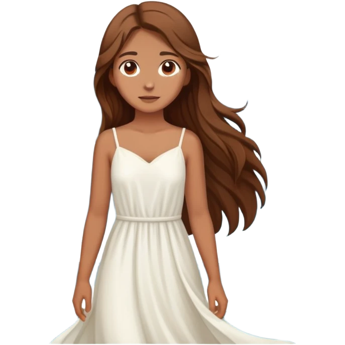 Girl with long brown hair wearing a flowing white dress, standing where the sea meets the mountains emoji