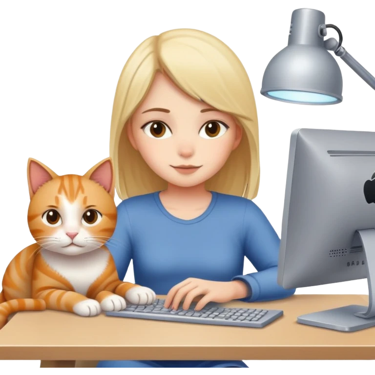 a girl working in front of a computer with a cat lying next to the computer emoji