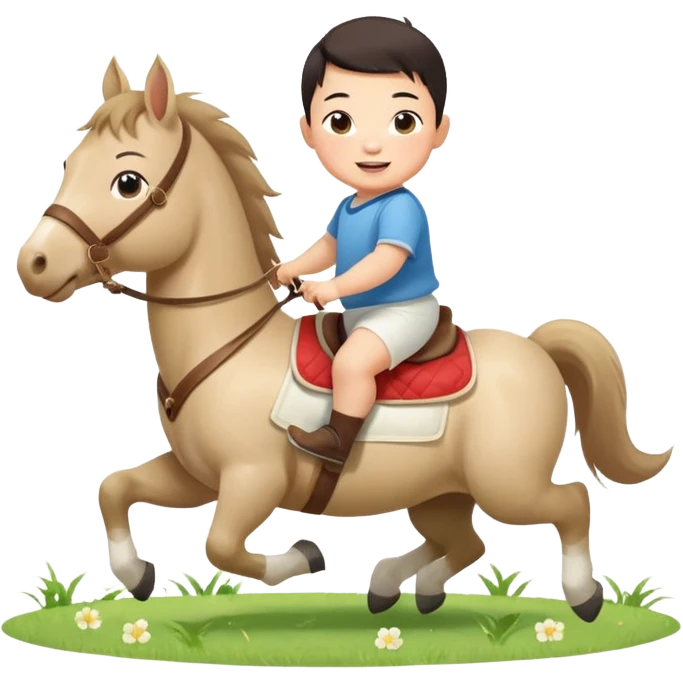 l little chinese baby boy riding on a  cute horse running on the grass with 2026 year label emoji