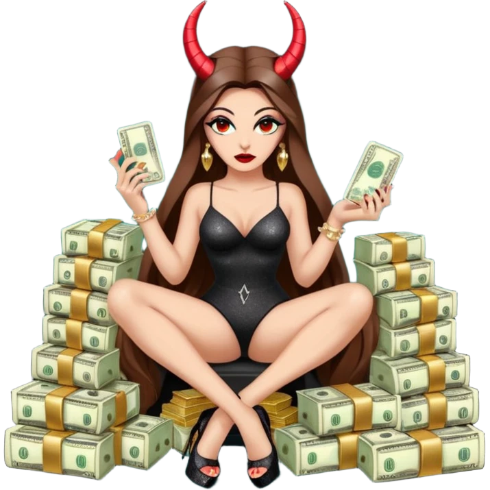 Sensual seductress long brown straight haired sexy drug lord woman with  glitter platform high heels on her feet,  and devil black horns on her head, holding a stack of cash, has a phone in other hand. Sitting on  Cases of drugs. Evil  emoji
