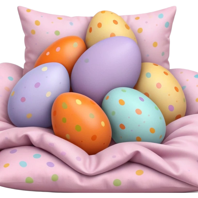Realistic Easter eggs in pastel colors, some orange and carrot shaped, in a pile hidden behind pillows emoji