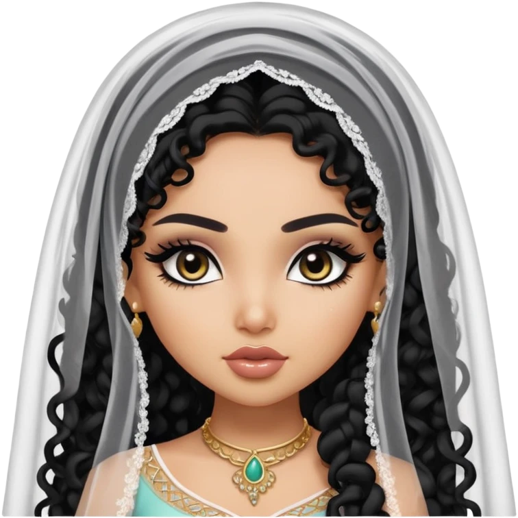 South West asian beauty, pretty bratz baddie, black eyeliner, long black curly hair, veil, light skin emoji